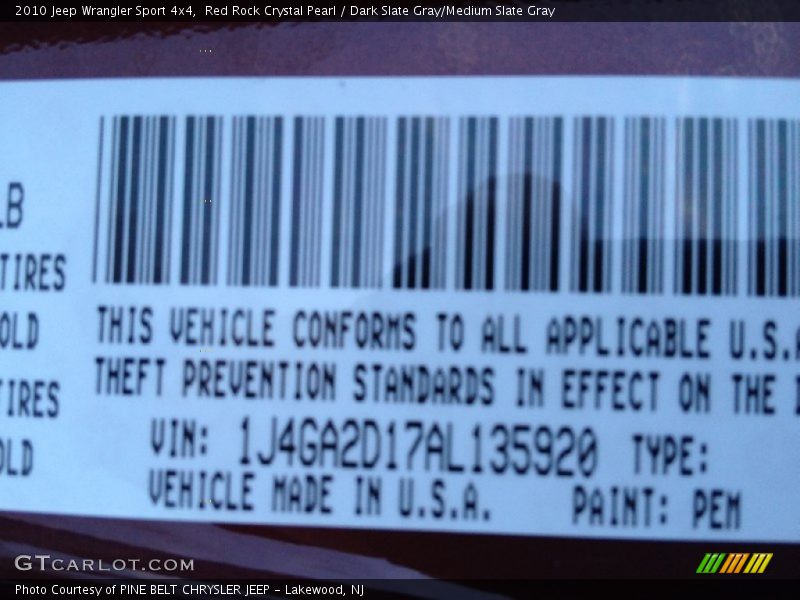 Red Rock Crystal Pearl / Dark Slate Gray/Medium Slate Gray 2010 Jeep Wrangler Sport 4x4