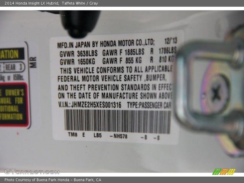 2014 Insight LX Hybrid Taffeta White Color Code NH578