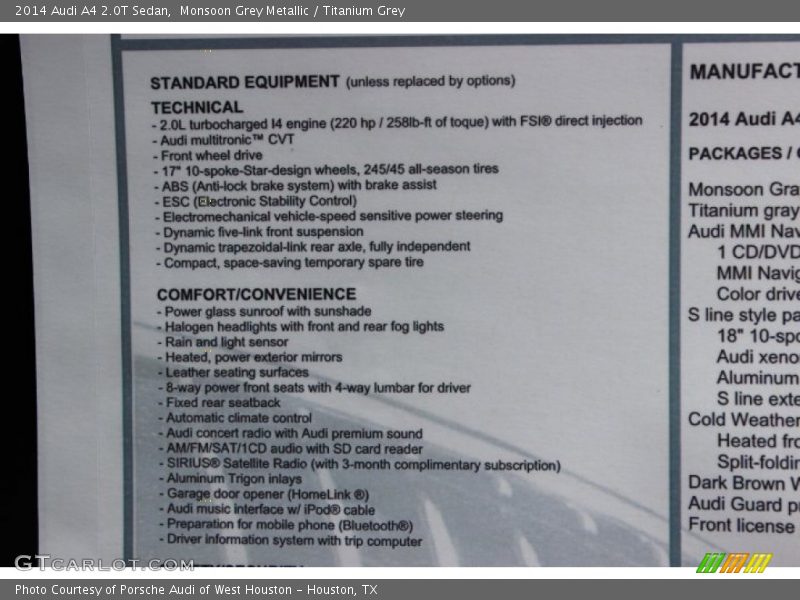 Monsoon Grey Metallic / Titanium Grey 2014 Audi A4 2.0T Sedan