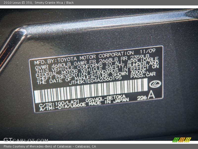 Smoky Granite Mica / Black 2010 Lexus ES 350