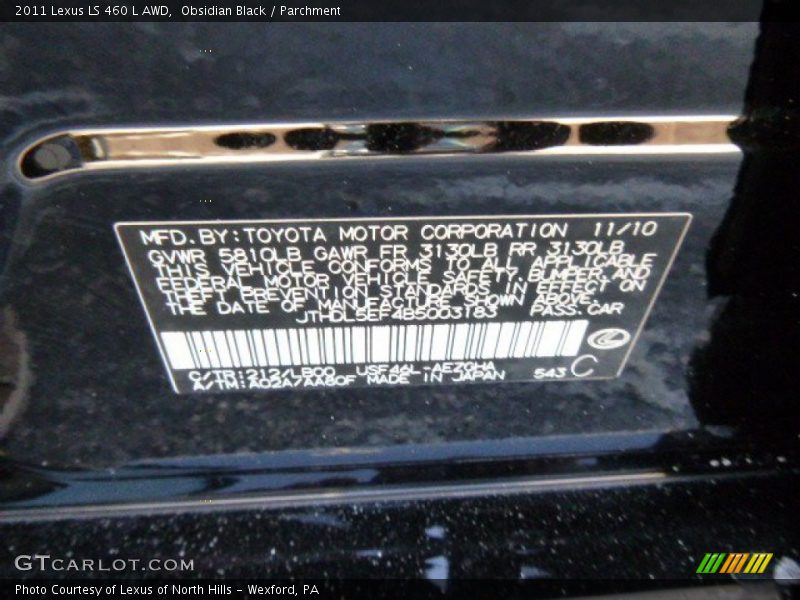 2011 LS 460 L AWD Obsidian Black Color Code 212