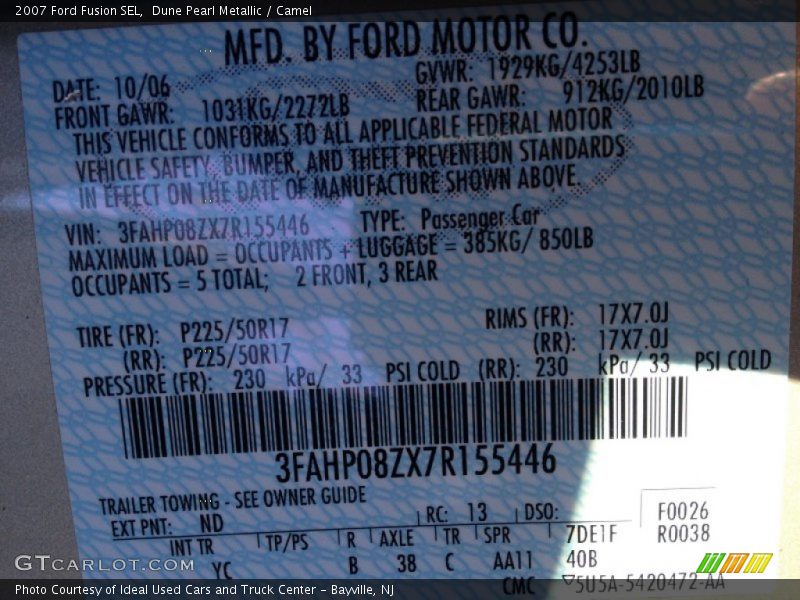 Dune Pearl Metallic / Camel 2007 Ford Fusion SEL