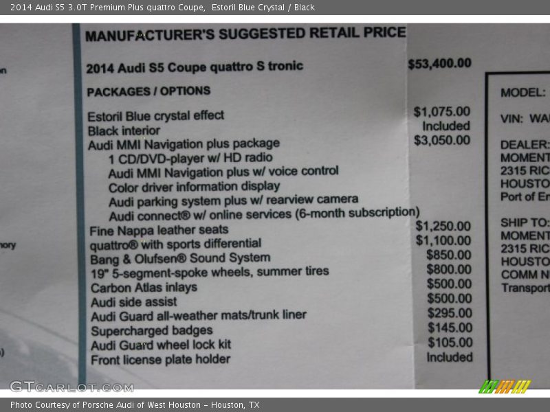  2014 S5 3.0T Premium Plus quattro Coupe Window Sticker