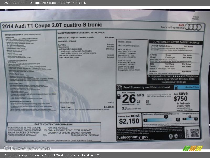  2014 TT 2.0T quattro Coupe Window Sticker