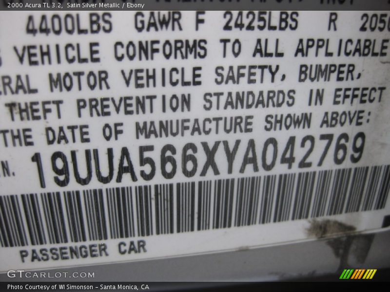 Satin Silver Metallic / Ebony 2000 Acura TL 3.2