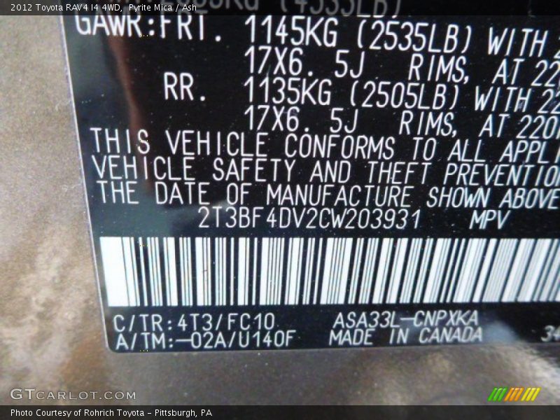 Pyrite Mica / Ash 2012 Toyota RAV4 I4 4WD