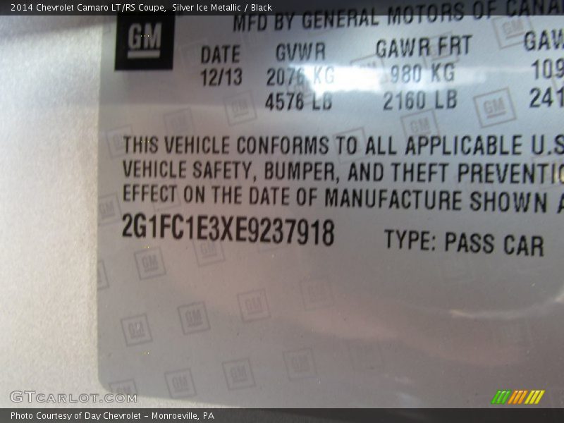 Silver Ice Metallic / Black 2014 Chevrolet Camaro LT/RS Coupe