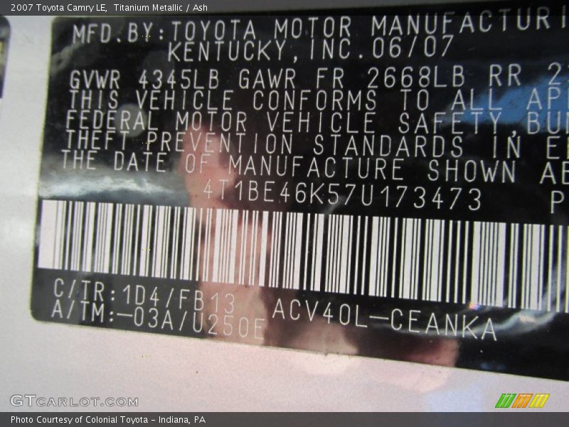 Titanium Metallic / Ash 2007 Toyota Camry LE
