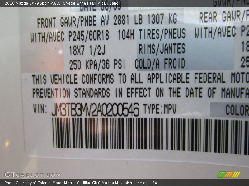 Crystal White Pearl Mica / Sand 2010 Mazda CX-9 Sport AWD