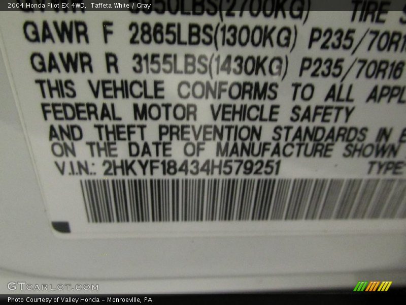 Taffeta White / Gray 2004 Honda Pilot EX 4WD