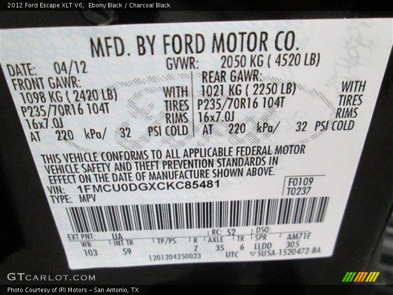 Ebony Black / Charcoal Black 2012 Ford Escape XLT V6