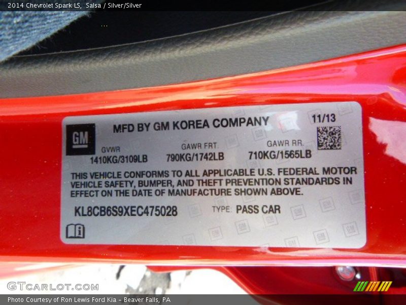 Salsa / Silver/Silver 2014 Chevrolet Spark LS