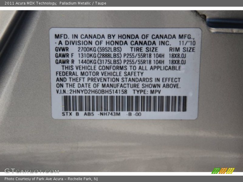 Palladium Metallic / Taupe 2011 Acura MDX Technology