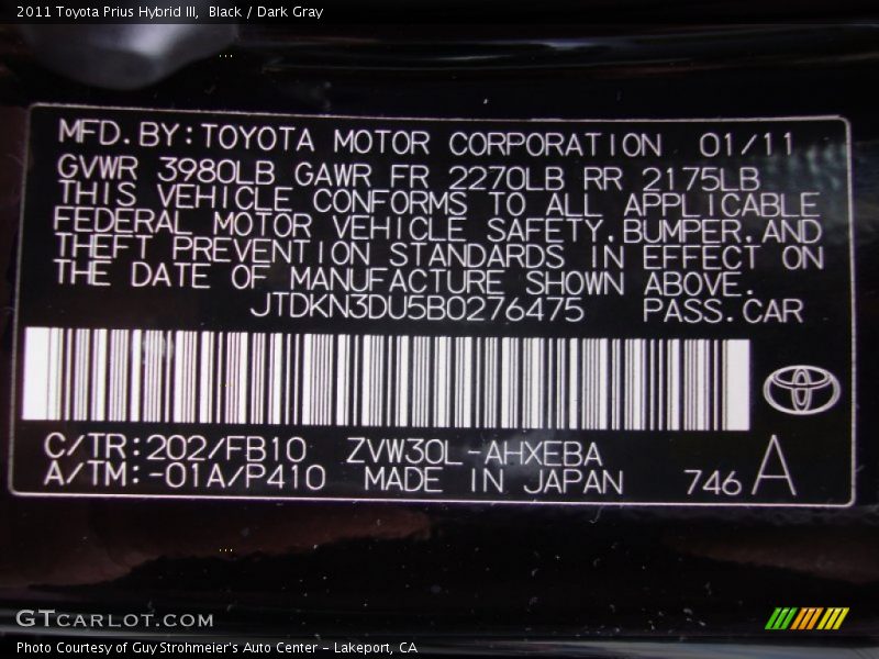 Black / Dark Gray 2011 Toyota Prius Hybrid III