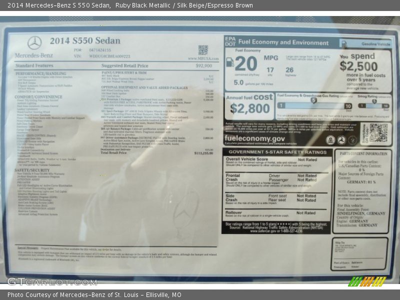  2014 S 550 Sedan Window Sticker