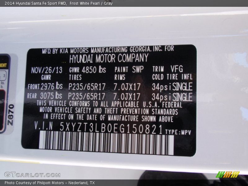 2014 Santa Fe Sport FWD Frost White Pearl Color Code SWP