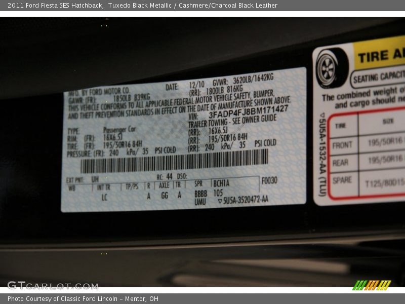 Tuxedo Black Metallic / Cashmere/Charcoal Black Leather 2011 Ford Fiesta SES Hatchback