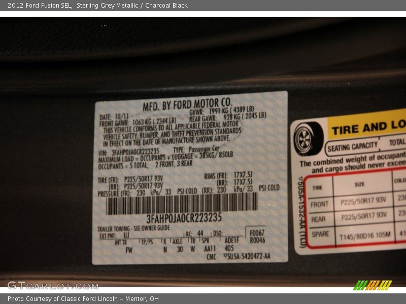 Sterling Grey Metallic / Charcoal Black 2012 Ford Fusion SEL