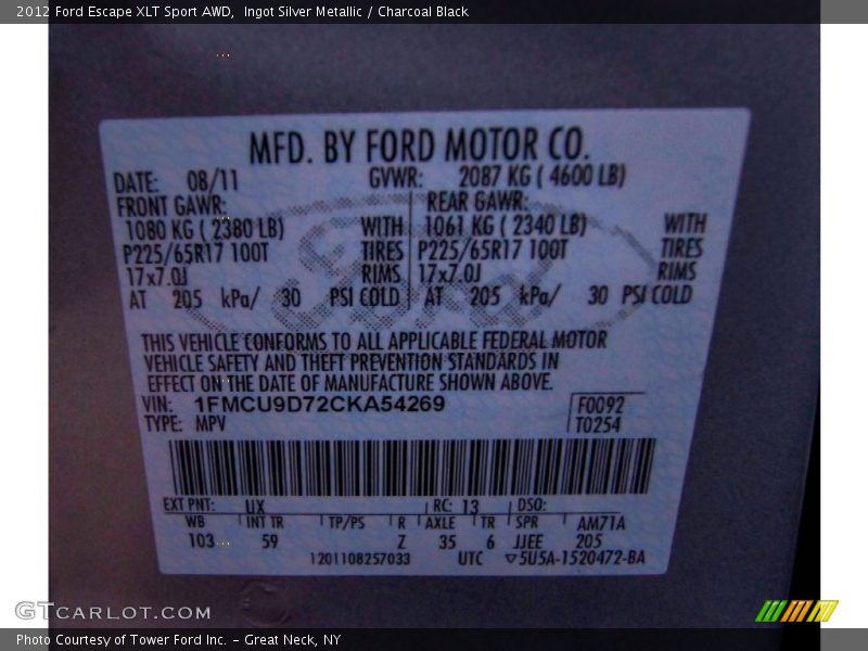 Ingot Silver Metallic / Charcoal Black 2012 Ford Escape XLT Sport AWD