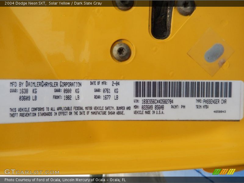 2004 Neon SXT Solar Yellow Color Code PYH