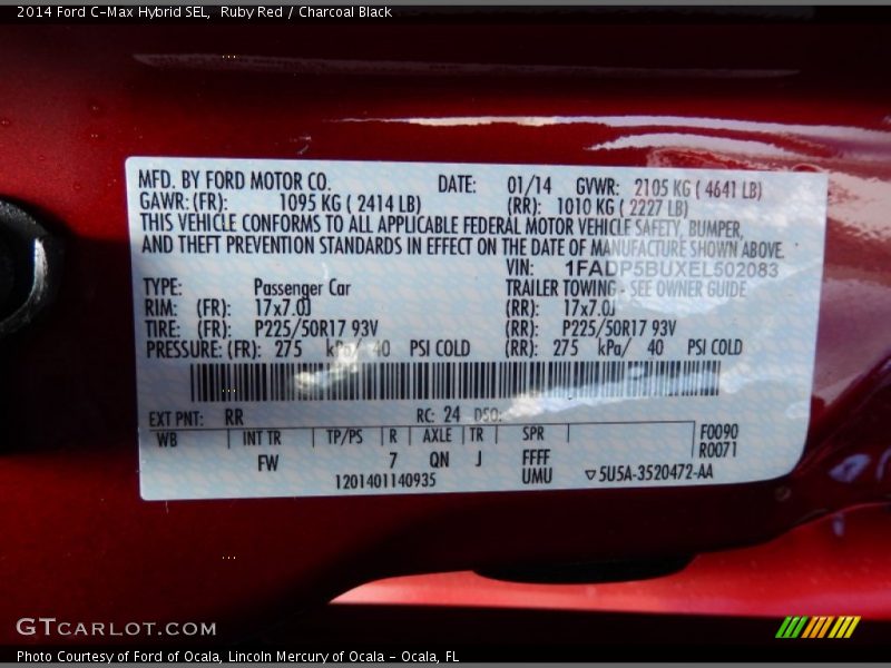 2014 C-Max Hybrid SEL Ruby Red Color Code RR