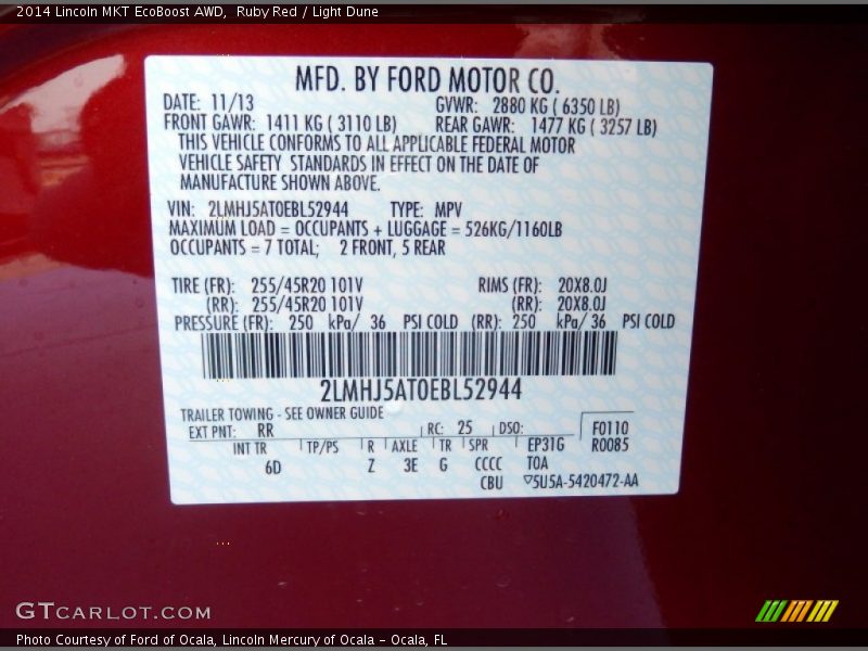 2014 MKT EcoBoost AWD Ruby Red Color Code RR