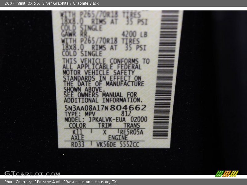 2007 QX 56 Silver Graphite Color Code K11