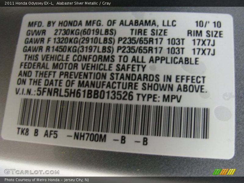 Alabaster Silver Metallic / Gray 2011 Honda Odyssey EX-L