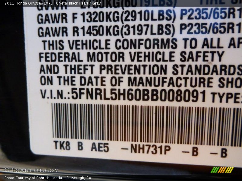Crystal Black Pearl / Gray 2011 Honda Odyssey EX-L