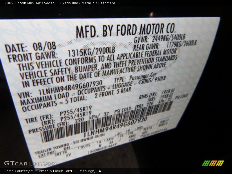 2009 MKS AWD Sedan Tuxedo Black Metallic Color Code UH