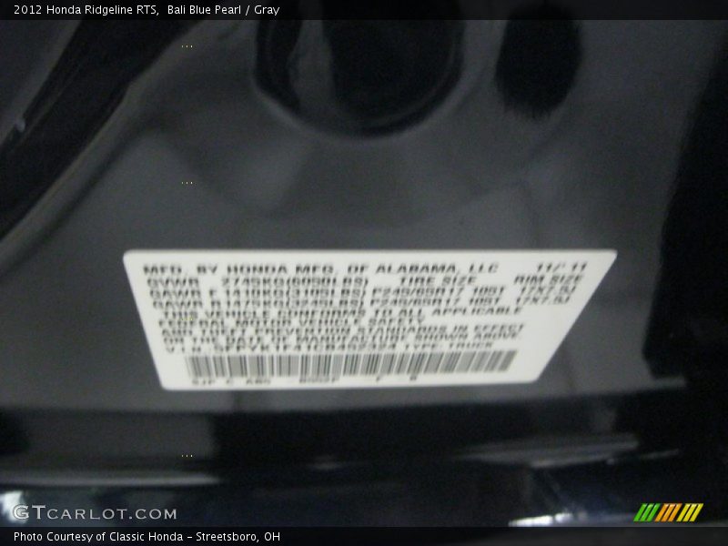 Bali Blue Pearl / Gray 2012 Honda Ridgeline RTS