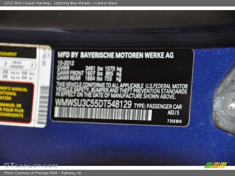 Lightning Blue Metallic / Carbon Black 2013 Mini Cooper Hardtop