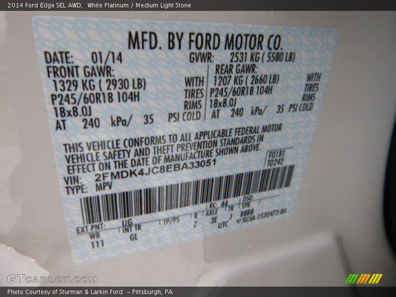 White Platinum / Medium Light Stone 2014 Ford Edge SEL AWD