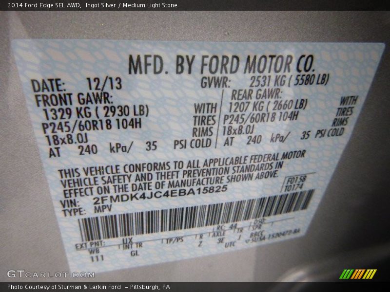 Ingot Silver / Medium Light Stone 2014 Ford Edge SEL AWD