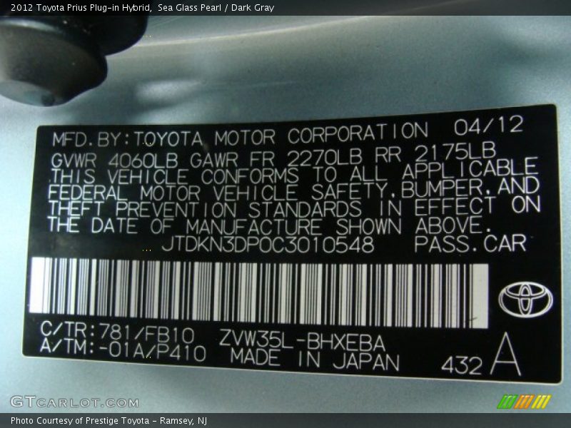 Sea Glass Pearl / Dark Gray 2012 Toyota Prius Plug-in Hybrid