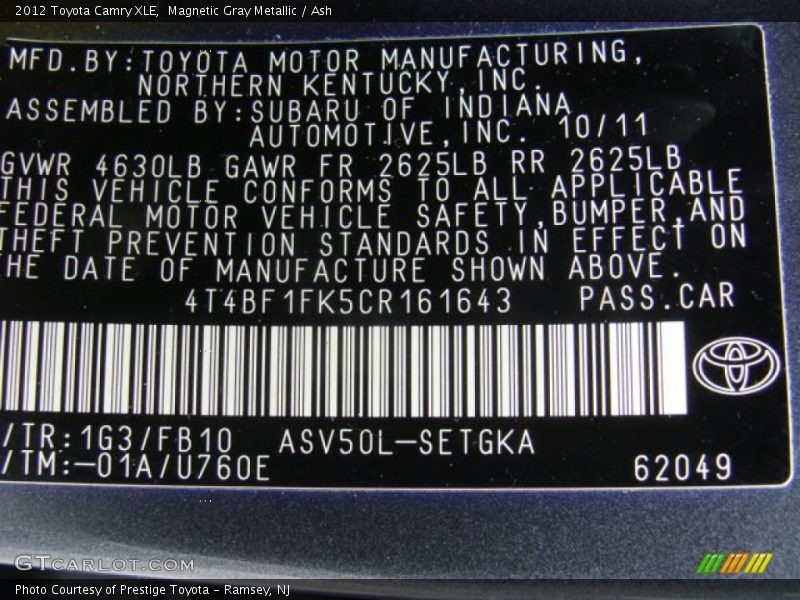 Magnetic Gray Metallic / Ash 2012 Toyota Camry XLE