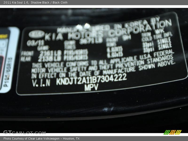 Shadow Black / Black Cloth 2011 Kia Soul 1.6