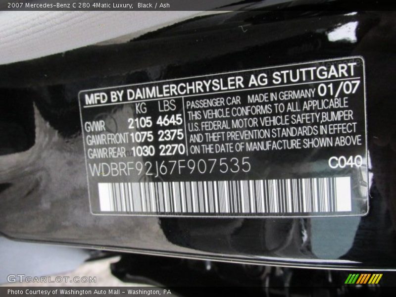2007 C 280 4Matic Luxury Black Color Code 040