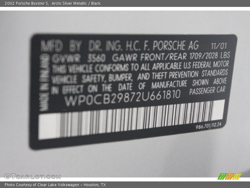 Arctic Silver Metallic / Black 2002 Porsche Boxster S