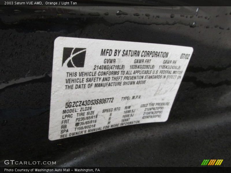 Orange / Light Tan 2003 Saturn VUE AWD