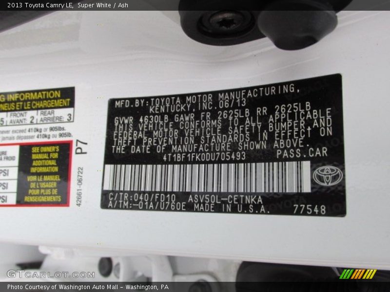Super White / Ash 2013 Toyota Camry LE