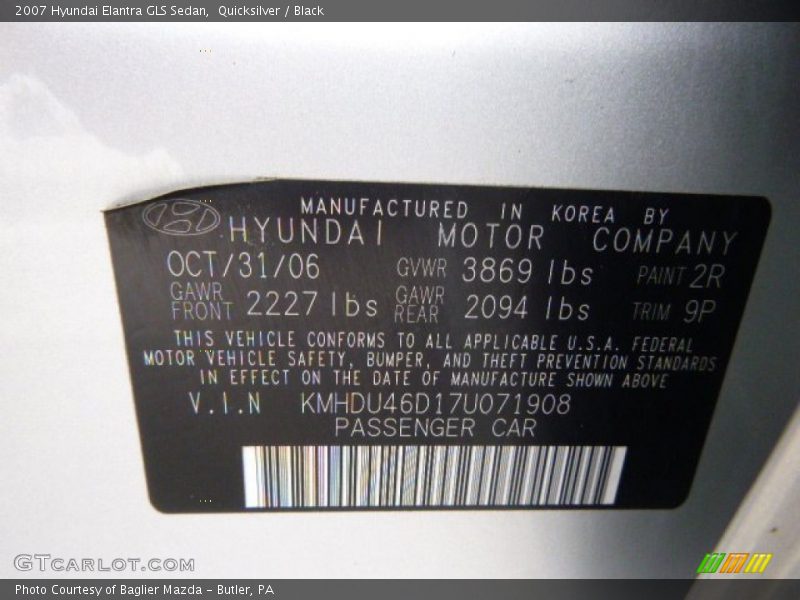 2007 Elantra GLS Sedan Quicksilver Color Code 2R