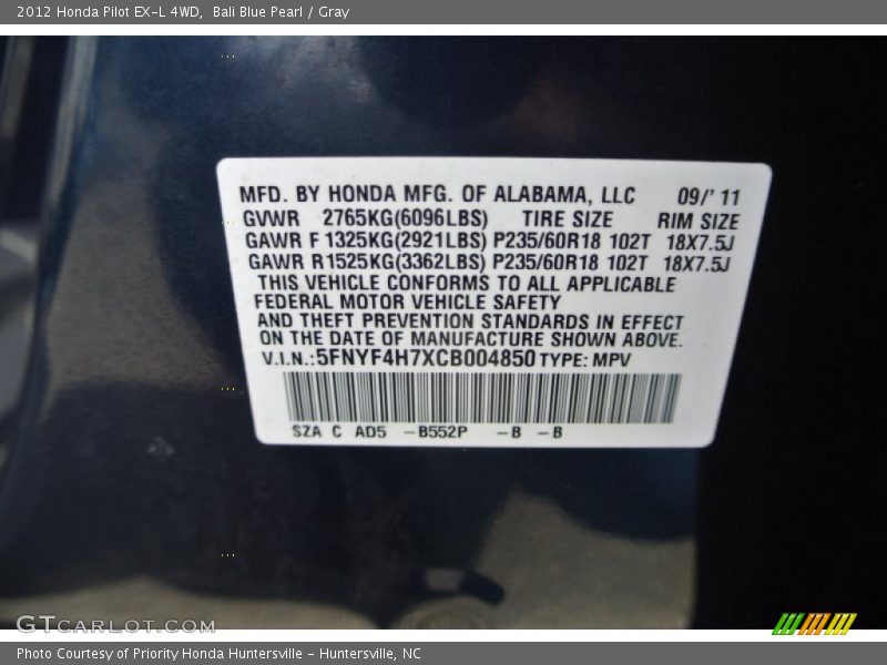 Bali Blue Pearl / Gray 2012 Honda Pilot EX-L 4WD