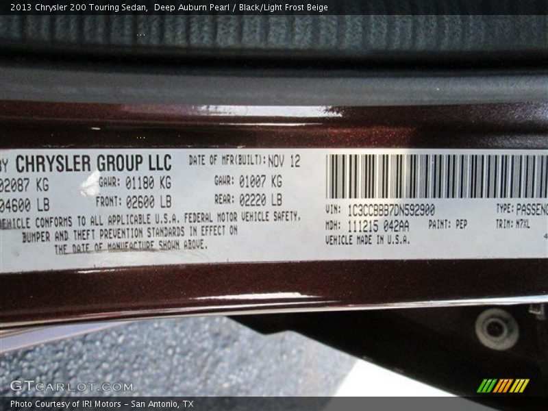 Deep Auburn Pearl / Black/Light Frost Beige 2013 Chrysler 200 Touring Sedan