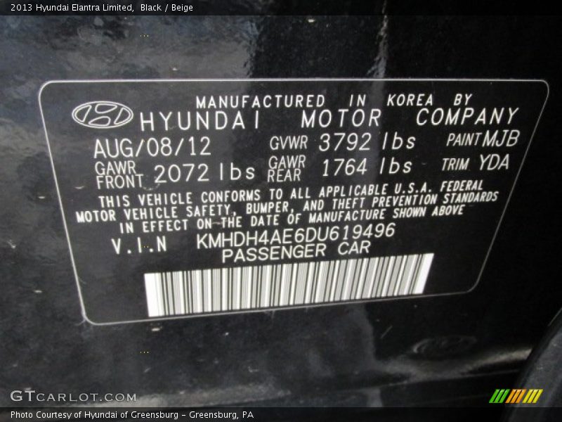 Black / Beige 2013 Hyundai Elantra Limited