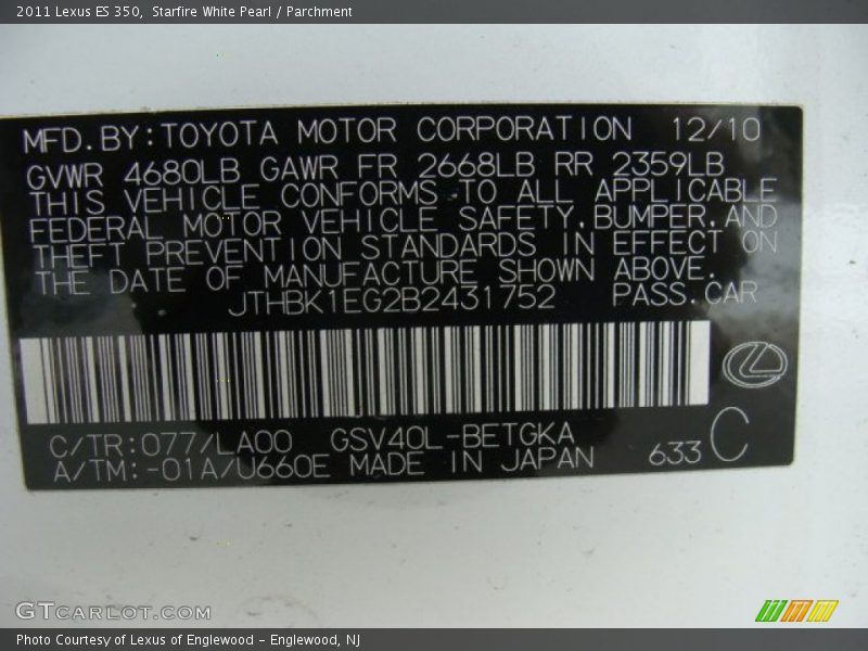 Starfire White Pearl / Parchment 2011 Lexus ES 350