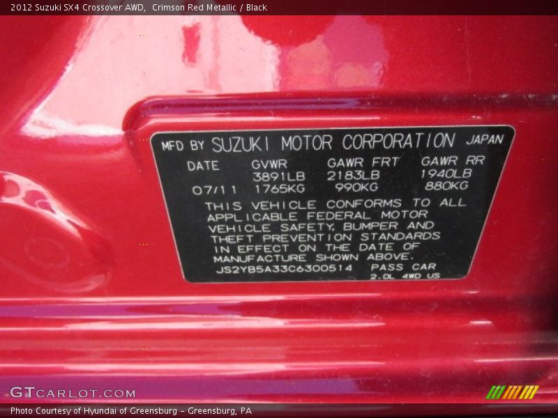 Info Tag of 2012 SX4 Crossover AWD