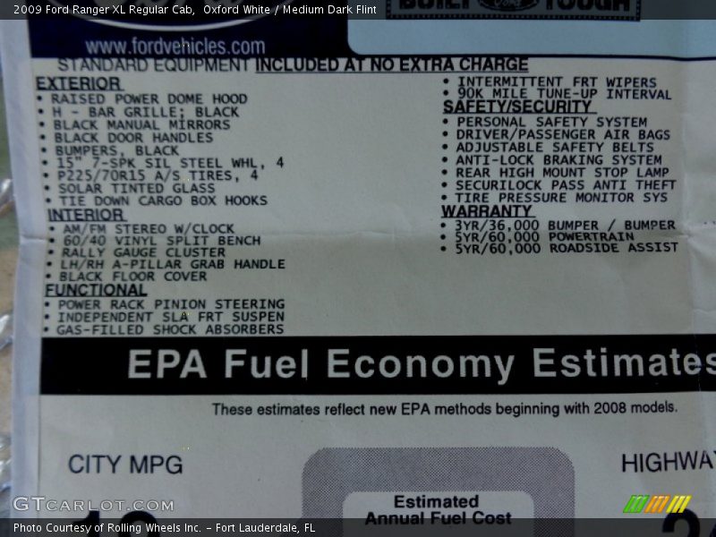  2009 Ranger XL Regular Cab Window Sticker