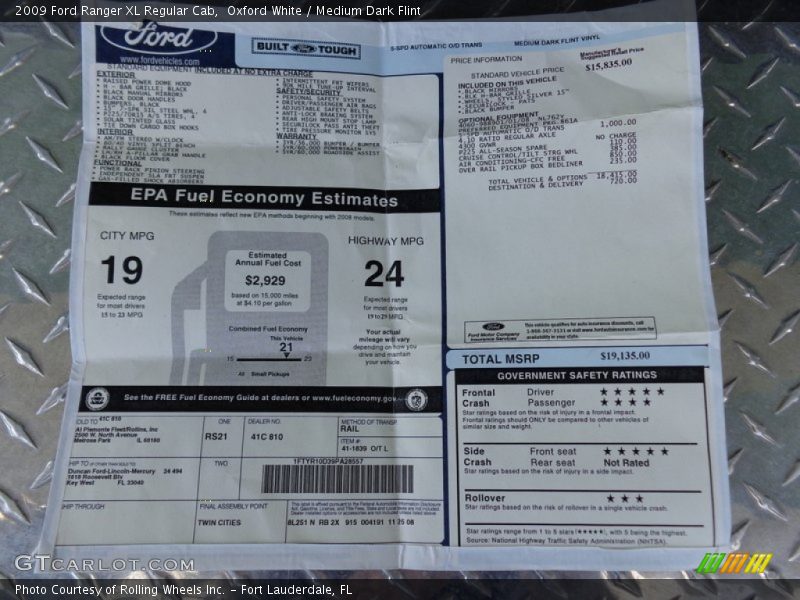  2009 Ranger XL Regular Cab Window Sticker