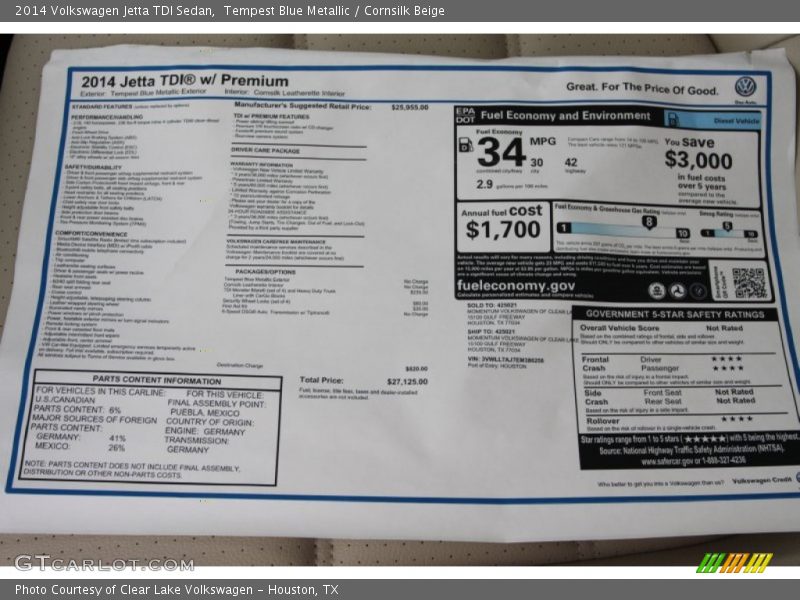 Tempest Blue Metallic / Cornsilk Beige 2014 Volkswagen Jetta TDI Sedan